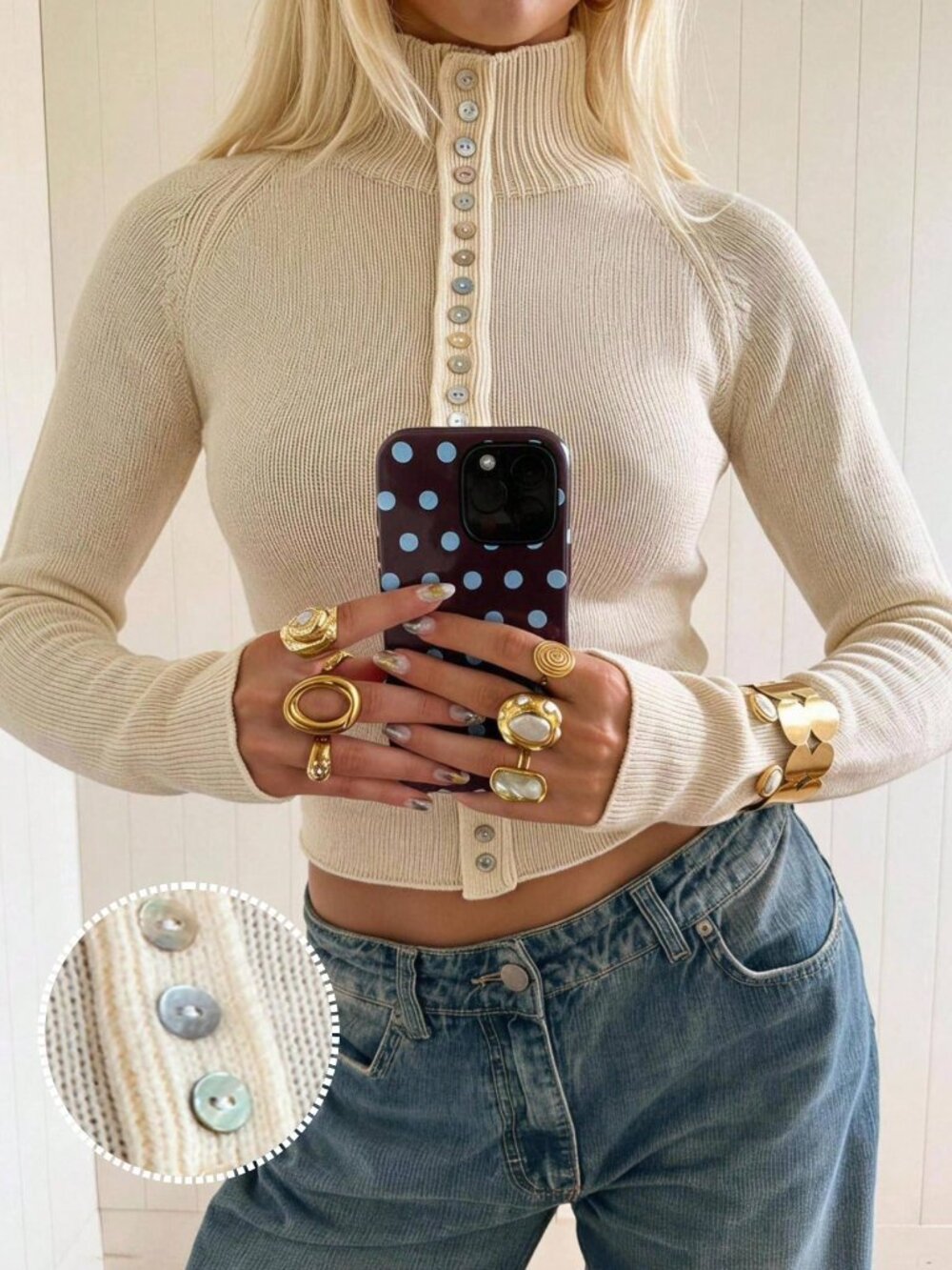 Apricot Casual Women's Stand Collar Studded Slim Fit Raglan Sleeve Crop Knit Top - Picture 10 of 11